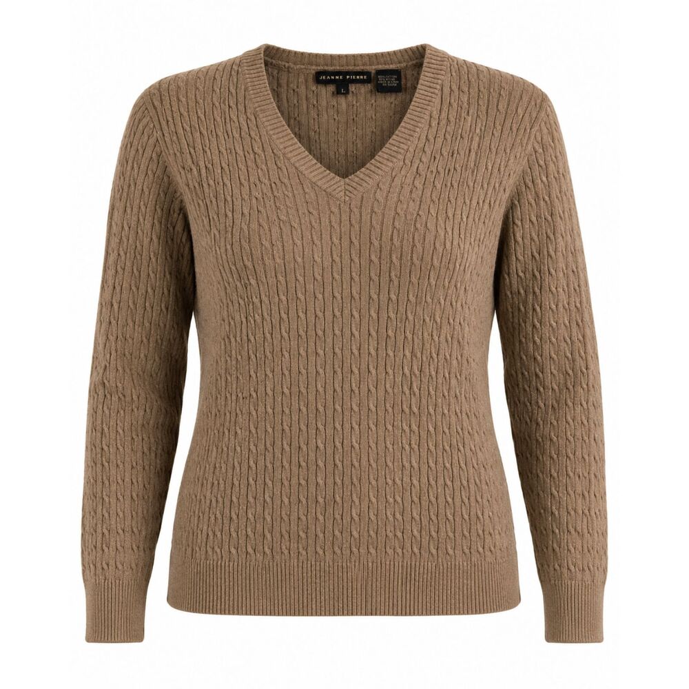 Jeanne Pierre Brown Cable Knit V-Neck Cotton Sweater Women's Large